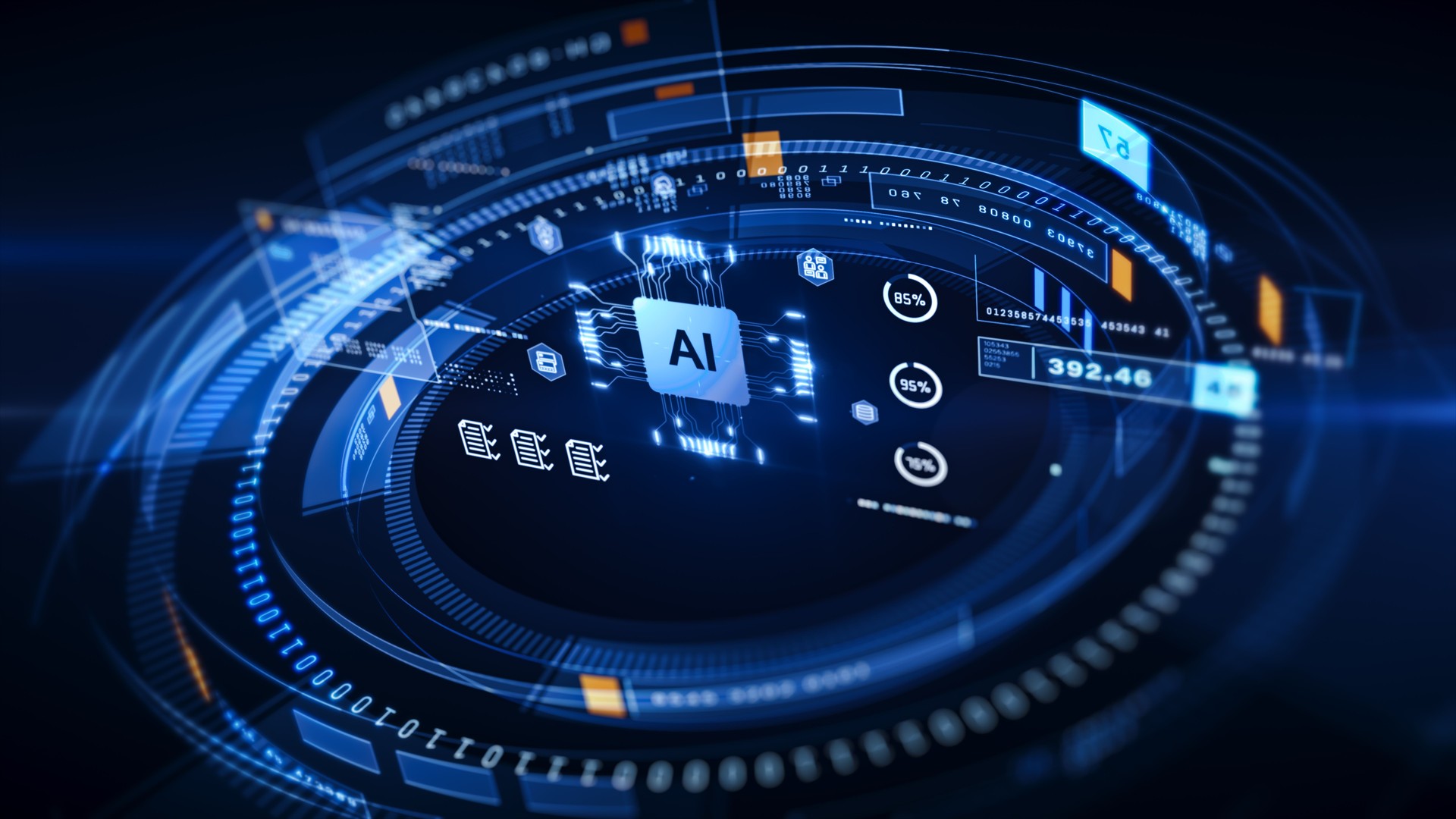 Advanced AI Technology Interface with Data Analytics Visualization, Perfect for illustrating articles, presentations, and discussions on AI advancements and digital 3d rendering