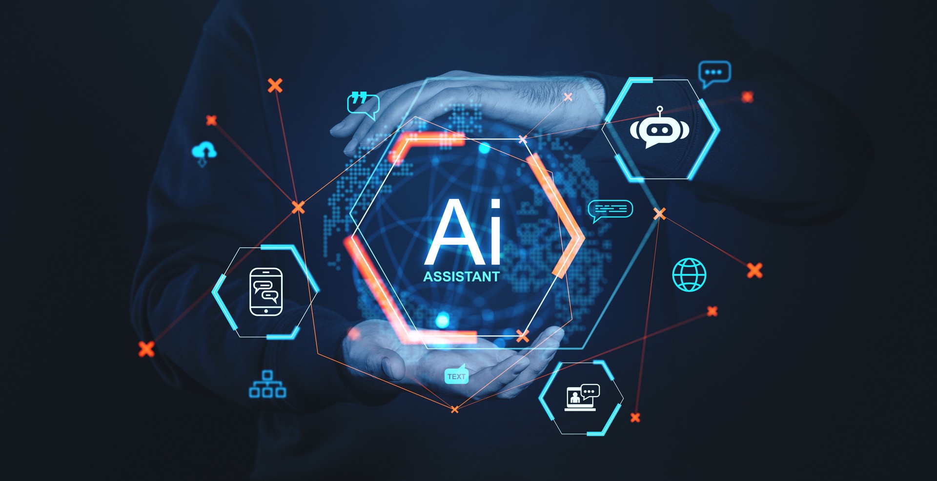 AI assistant interface with holographic elements and futuristic icons on a dark background.